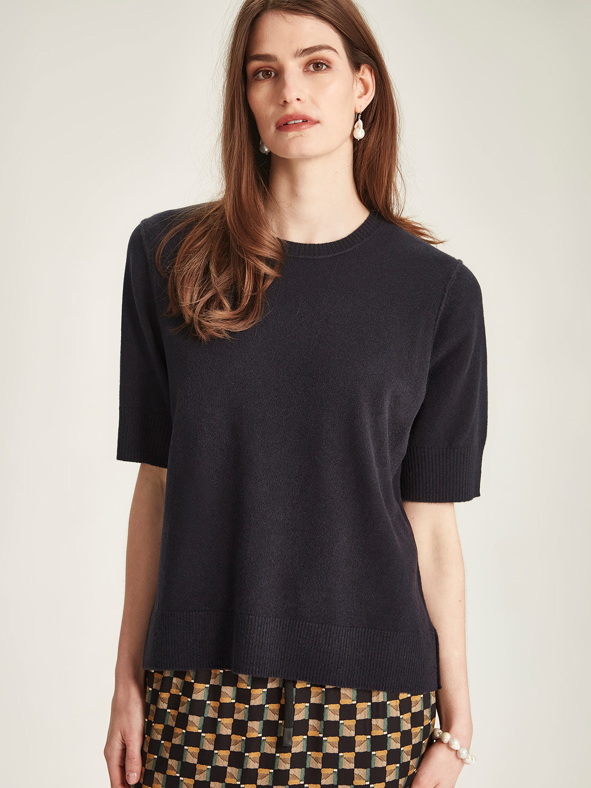 Myka Cashmere Tee in Blackened Blue - women's luxury cashmere top with crew neckline and side splits