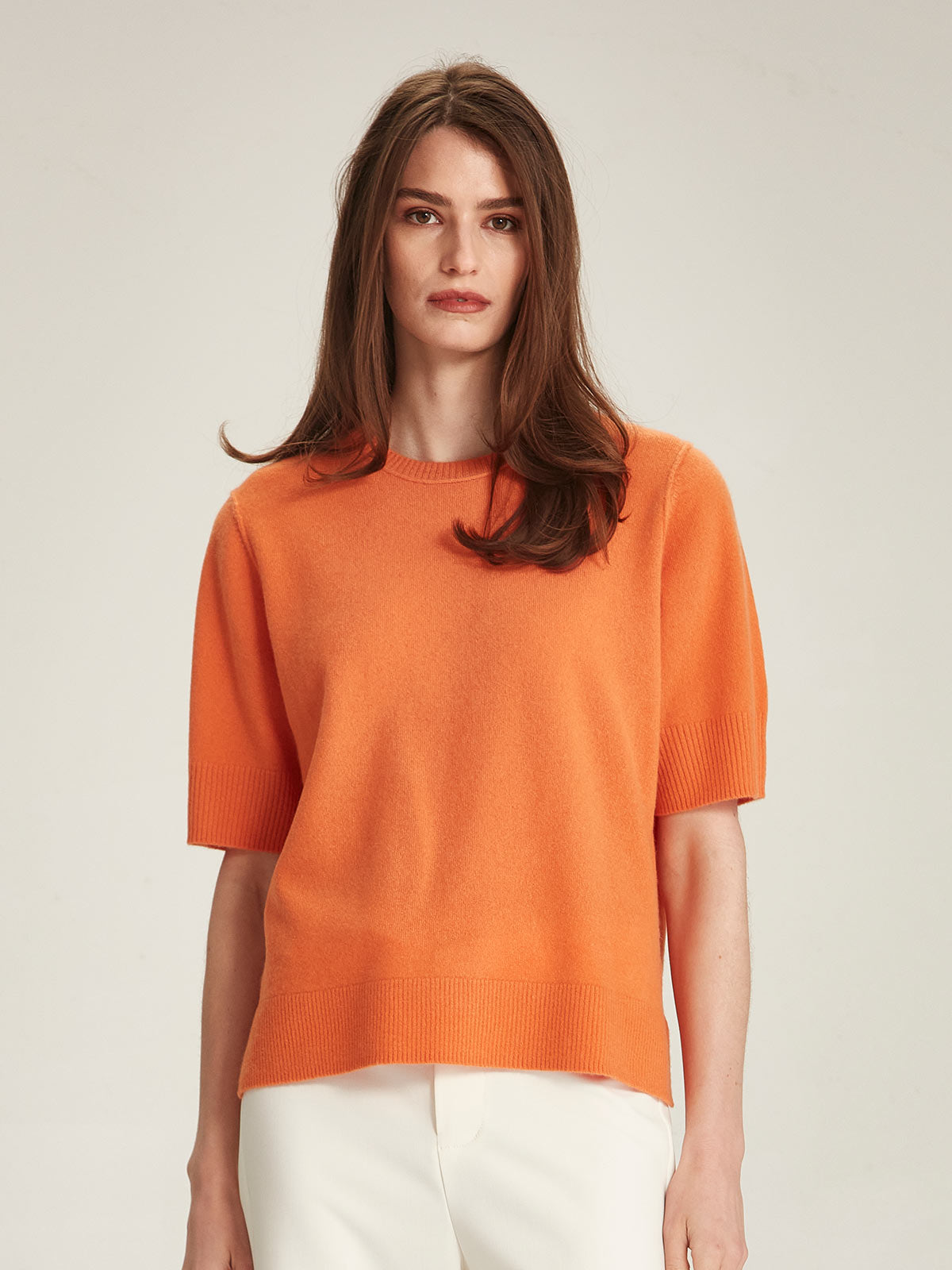 Myka Cashmere Tee in Clementine Orange - women's luxury cashmere top with crew neckline and side splits