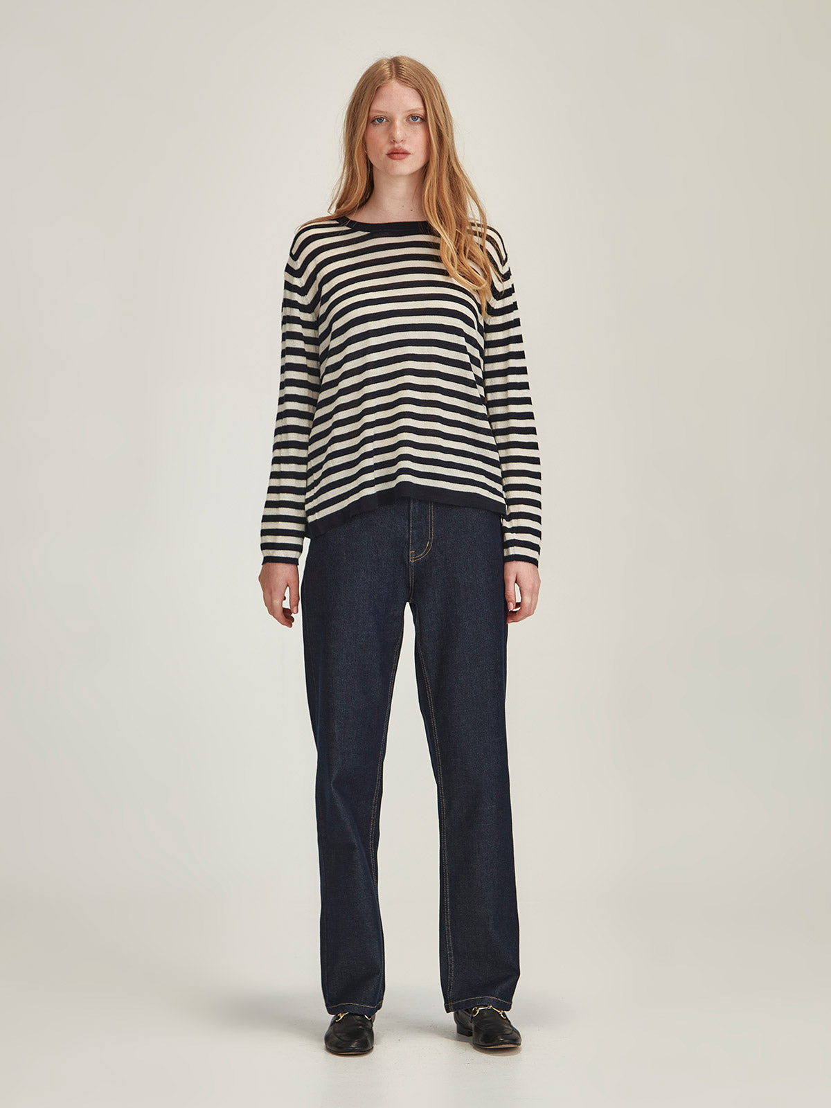 Women's french navy and chalk Mariko Striped Cashmere front view - Caroline Sills premium crew neck, long sleeve cashmere sweater