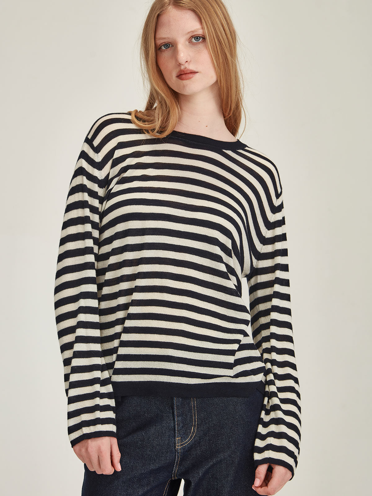Women's french navy and chalk Mariko Striped Cashmere - Caroline Sills premium cashmere crew neck, long sleeve sweater