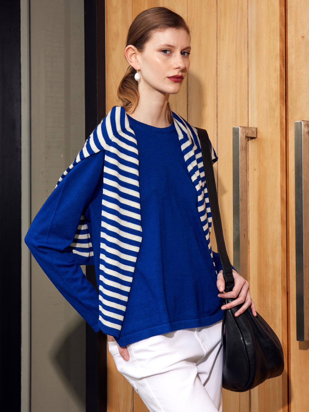 Caroline Sills Mariko Cashmere Long Sleeve sweater cobalt blue - styled view
