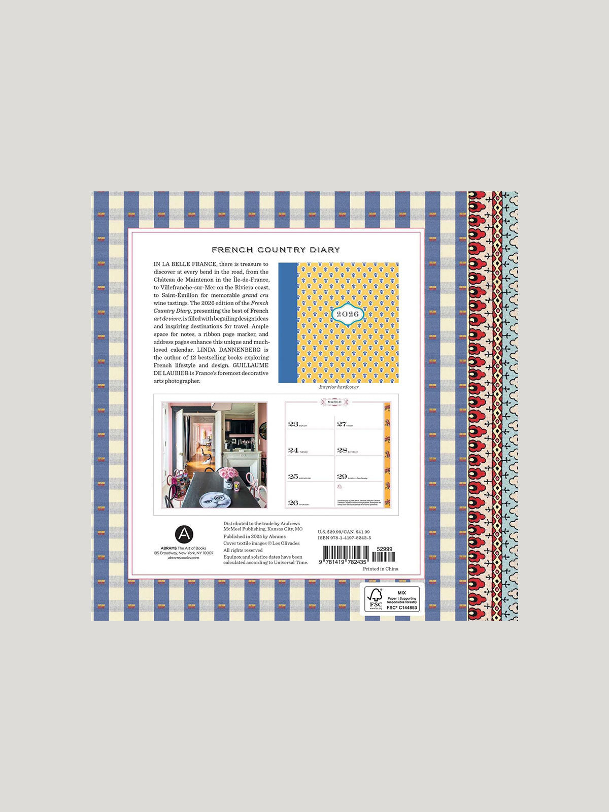 Back cover of the 2026 French Country Diary with decorative patterns and text on a gray background