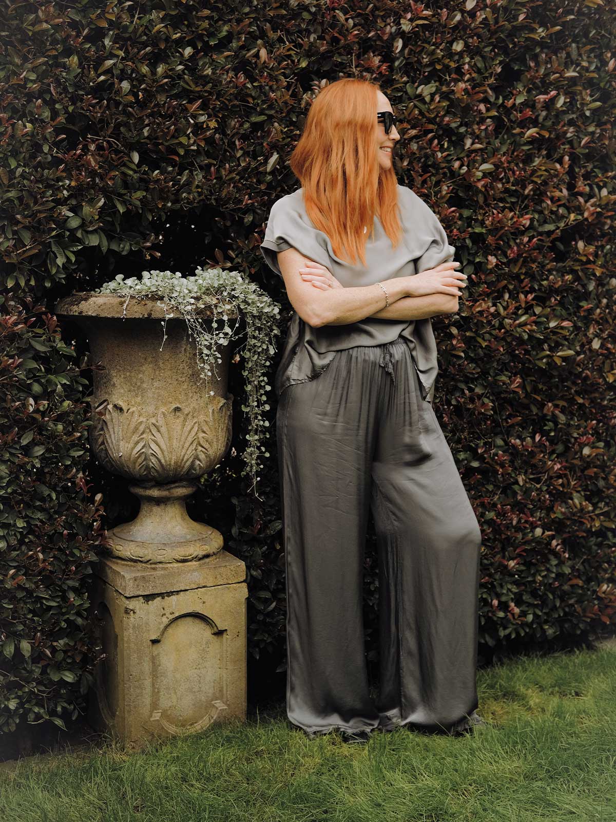 Mamapapa Tobi Flowy Tee in Charcoal - Campaign styling of this beautiful tee paired with the Pia Pant for a coordinated look, showcasing the silky fabric texture and versatile styling of this relaxed-fit t-shirt