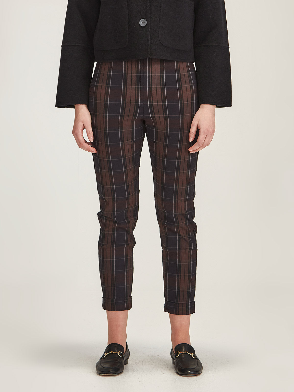 Close up of model wearing Sills Hepburn pull on pants in chocolate brown plaid check