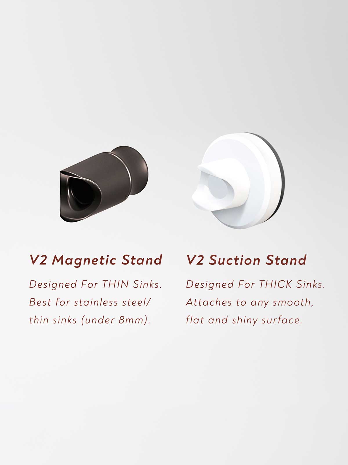 Yeseco The One Brush V2 comparison graphic showing Magnetic Stand vs Suction Stand, explaining which sink types each stand is designed for to help customers choose the right option.
