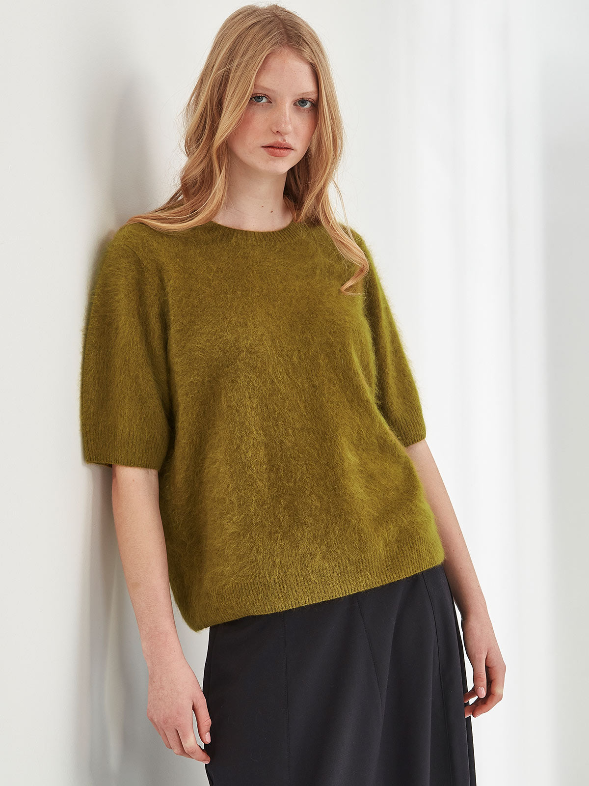 Women's citronelle green Brushed Cashmere  Tee - Caroline Sills premium cashmere short sleeve top