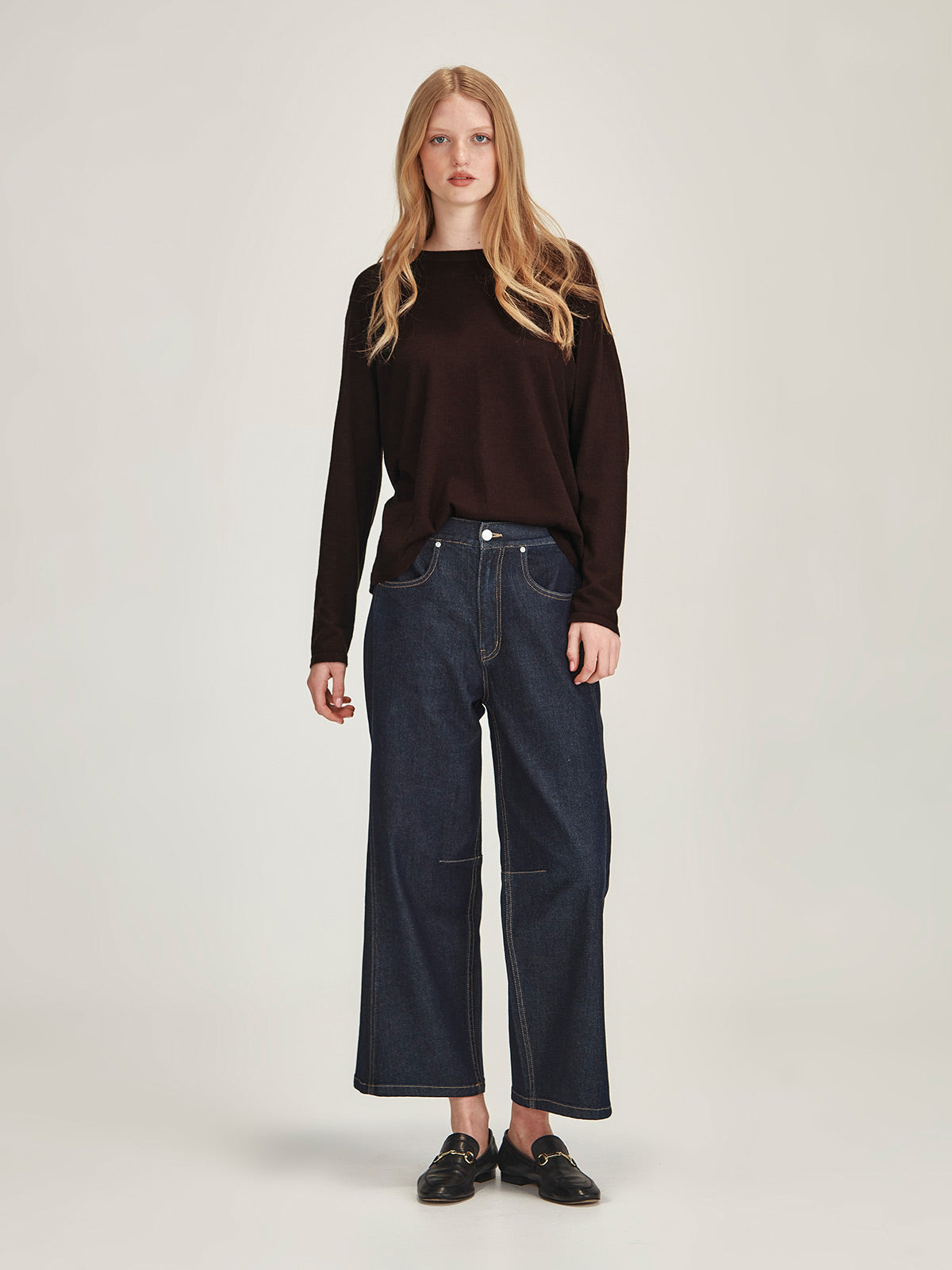 Women's chocolate brown Mariko Cashmere Long Sleeve front view - Caroline Sills premium crew neck, fine cashmere sweater