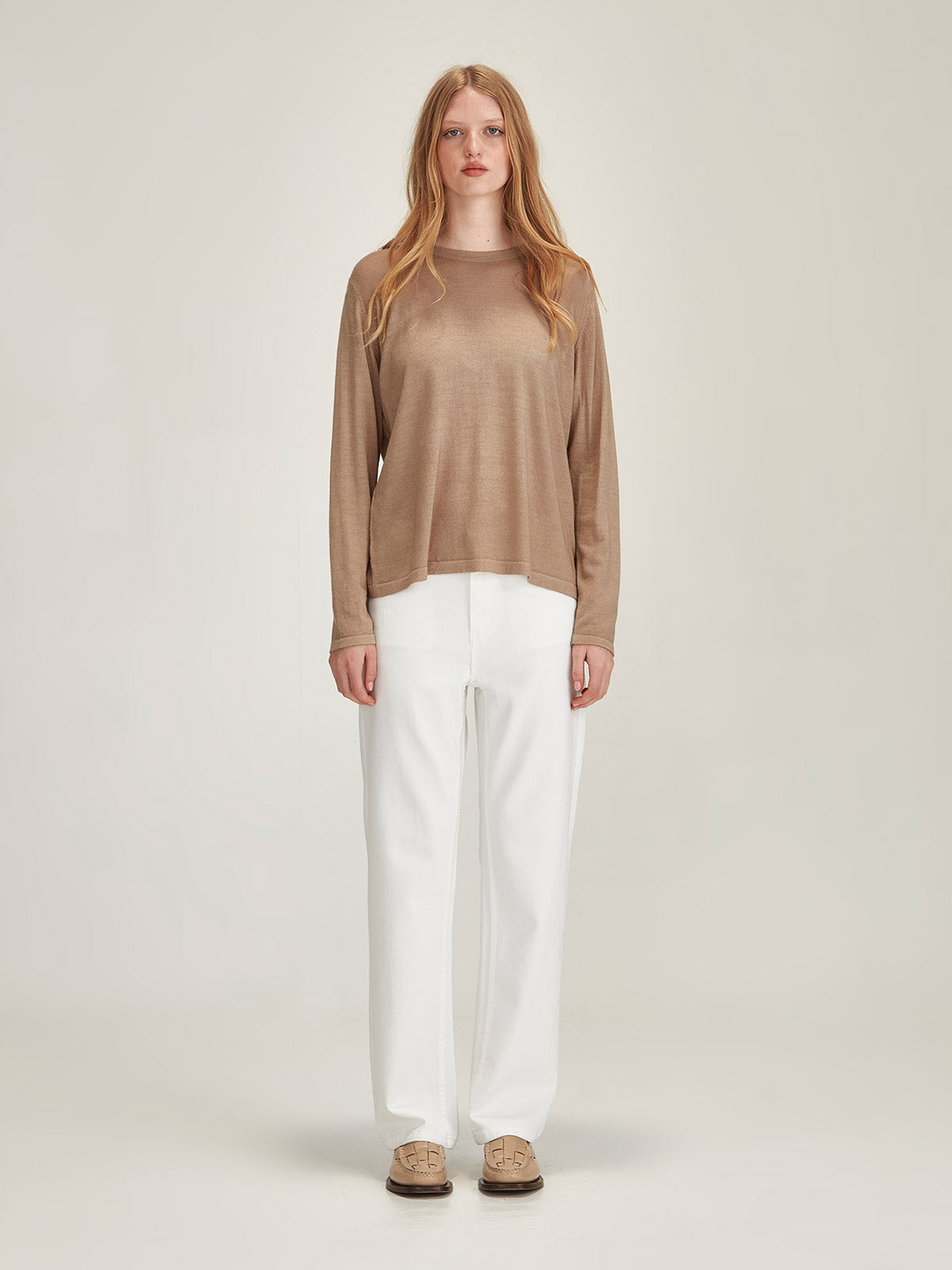 Women's Fawn beige Mariko Cashmere Long Sleeve front view - Caroline Sills premium crew neck, fine cashmere sweater