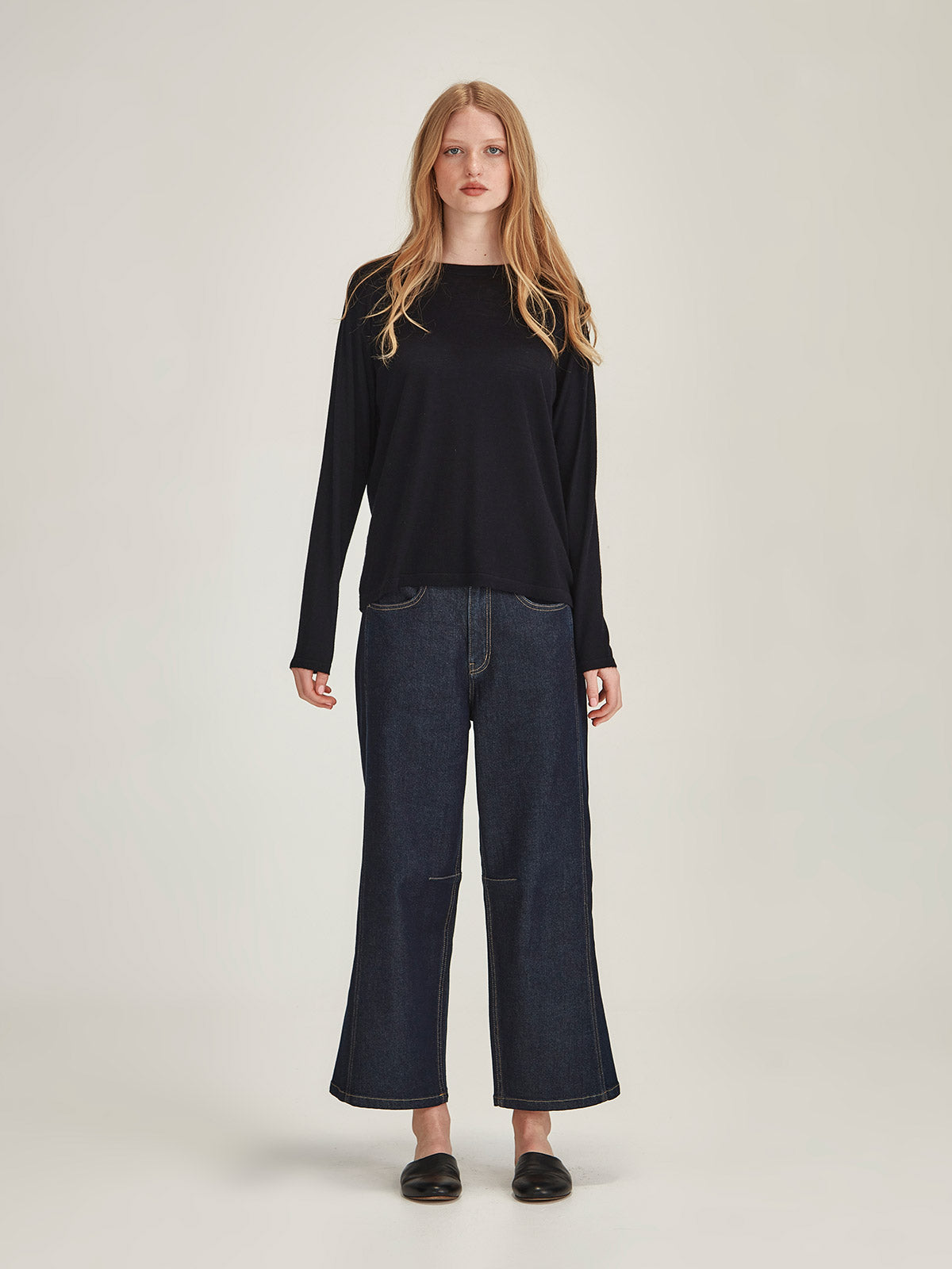 Women's french navy Mariko Cashmere Long Sleeve front view - Caroline Sills premium crew neck, fine cashmere sweater