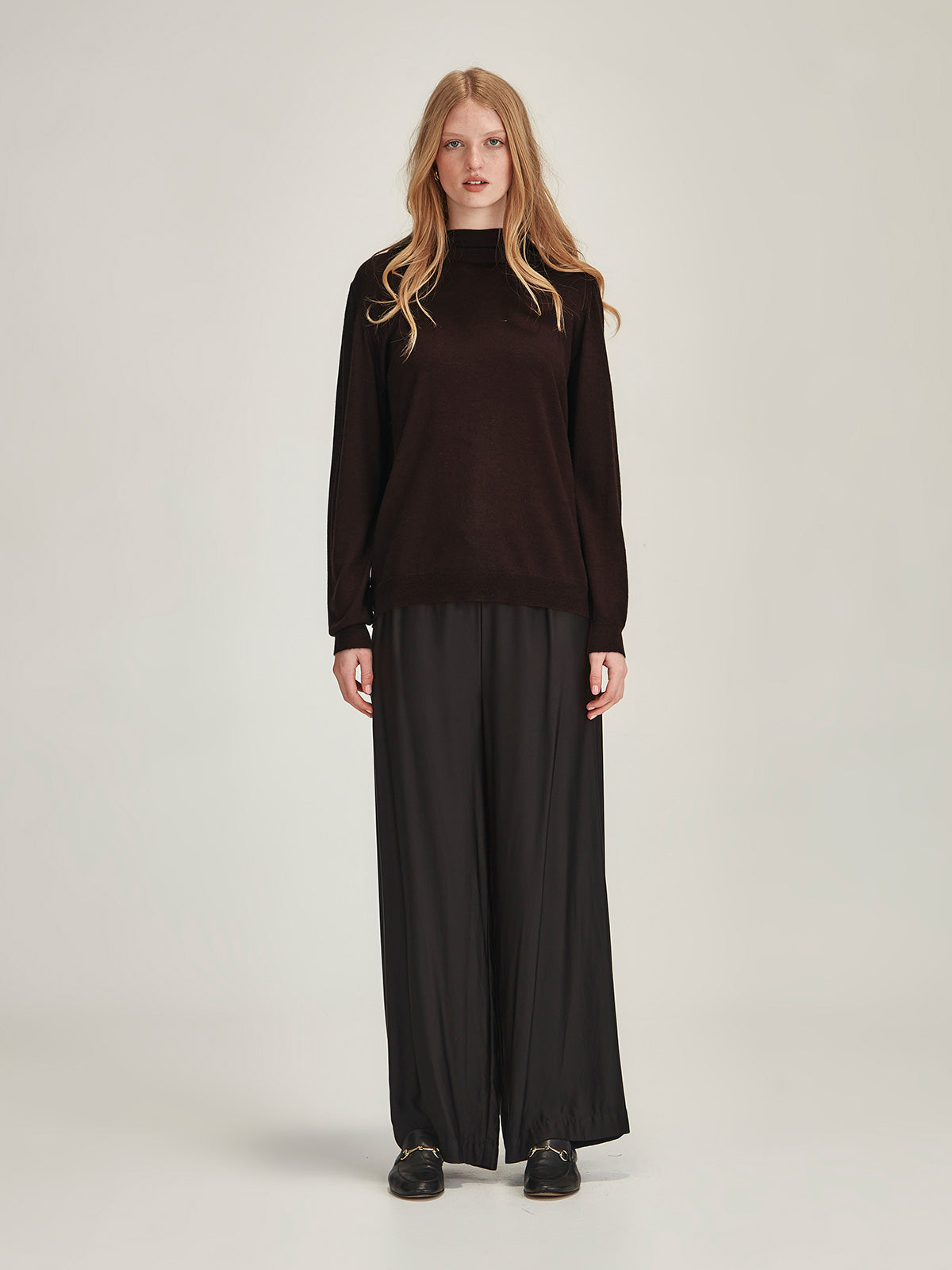 Women's chocolate brown Nita Cashmere Funnel Neck front view - Caroline Sills premium long sleeve, fine cashmere sweater