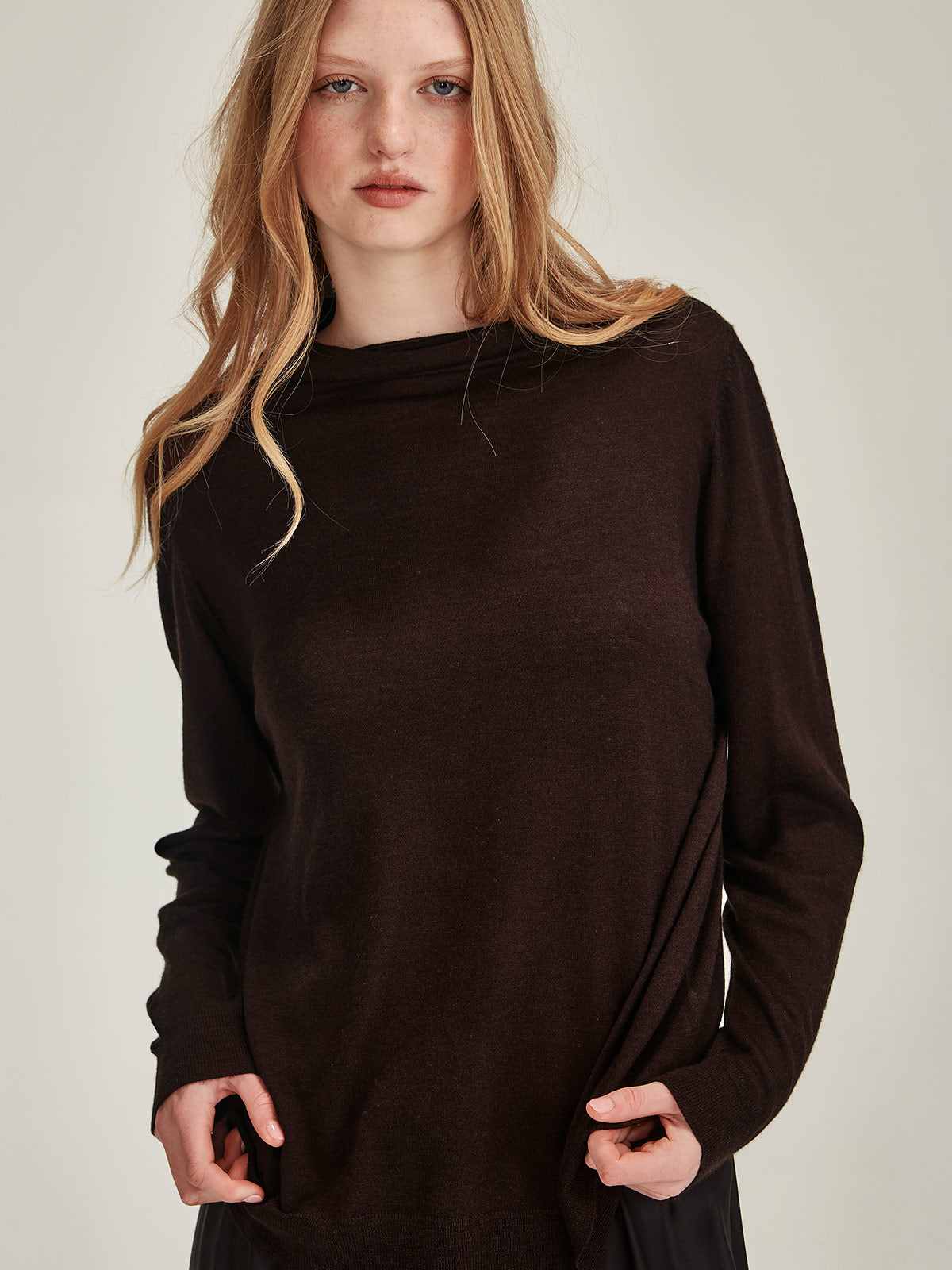 Women's chocolate brown Nita Cashmere Funnel Neck - Caroline Sills premium long sleeve, fine cashmere sweater