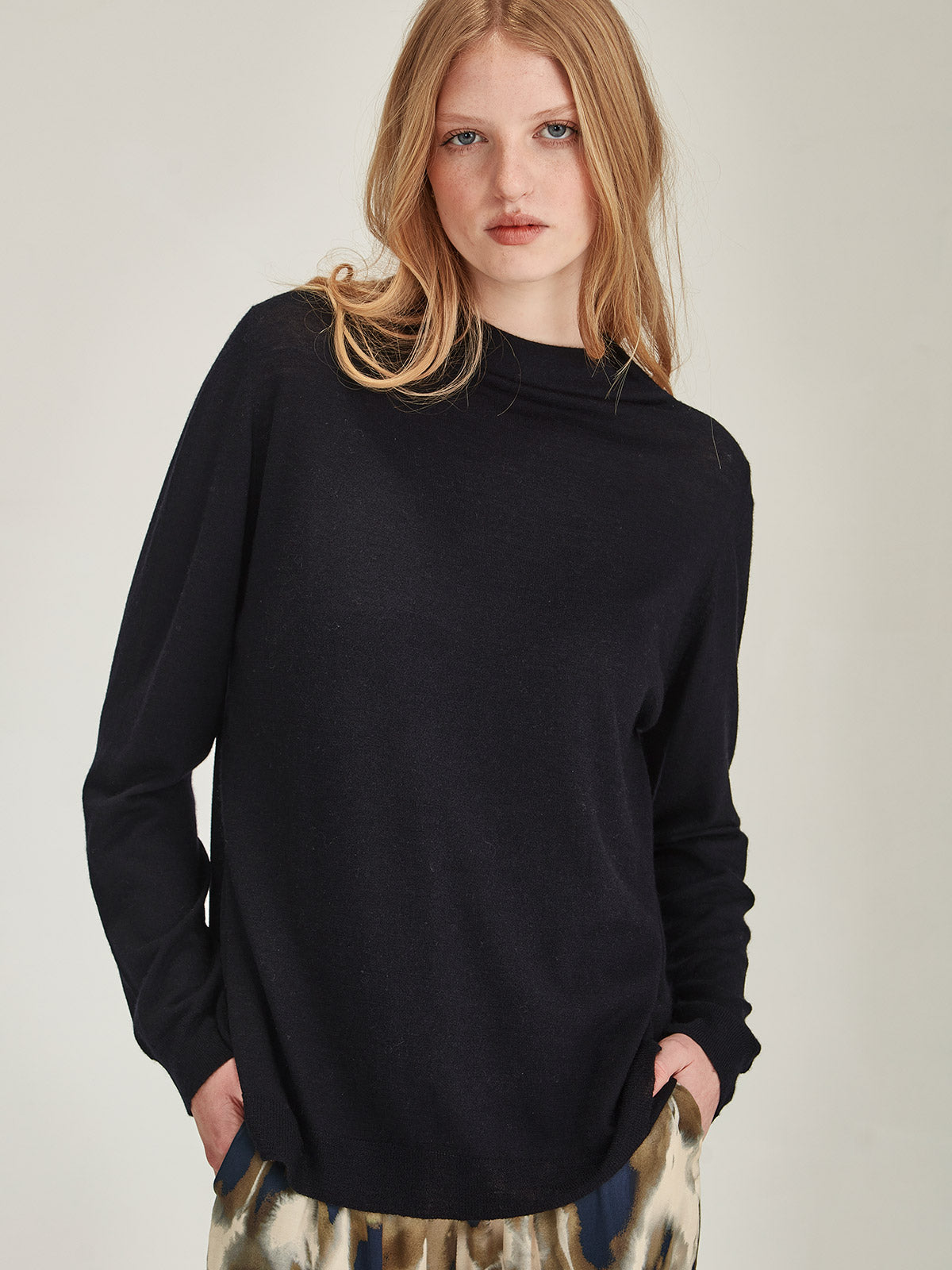 Women's french navy Nita Cashmere Funnel Neck - Caroline Sills premium long sleeve, fine cashmere sweater